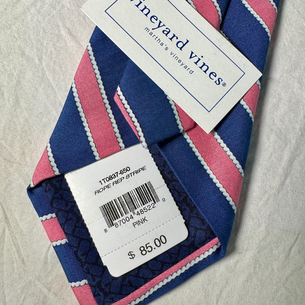 NWT Vineyard Vines Mens 100% Silk Tie Made in USA Blue Pink Rope Rep Striped 58” - Picture 10 of 10